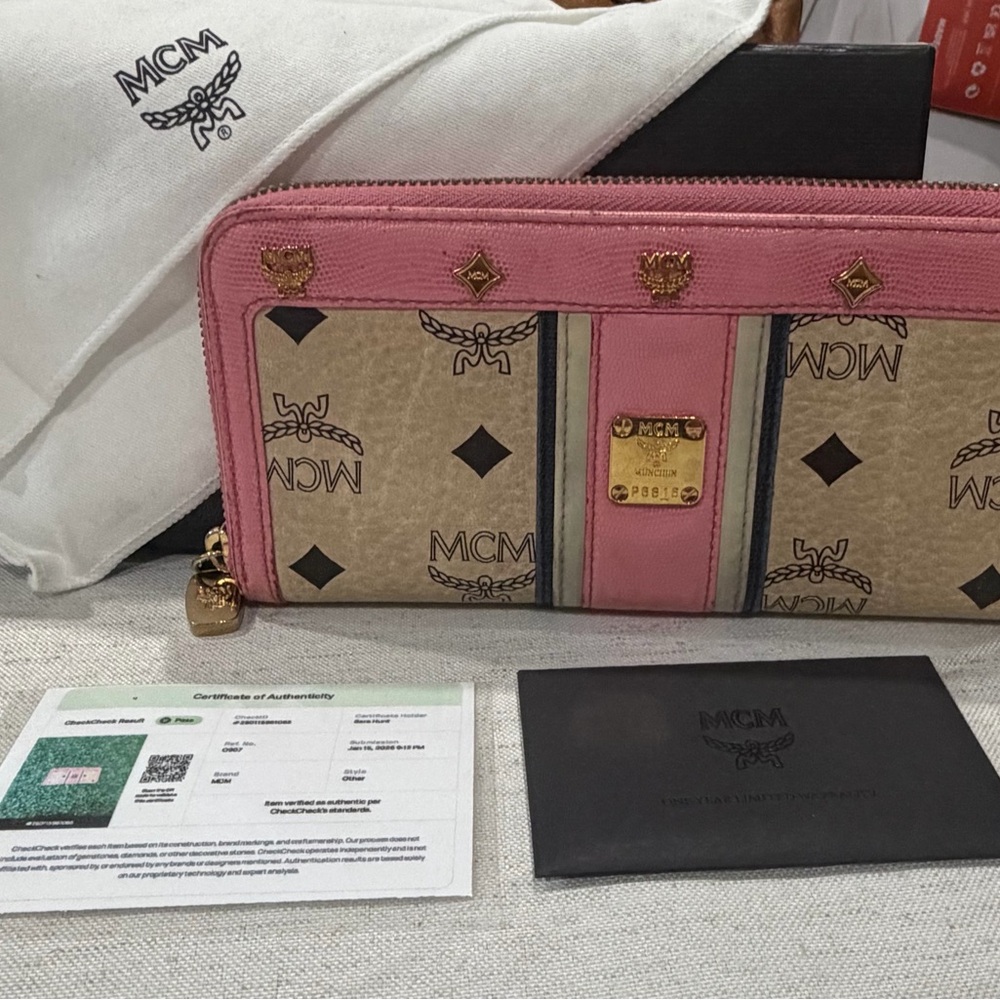 MCM Beige Monogram Zip Wallet with Pink Trim and Gold Hardware FULL INCLUSION!!!